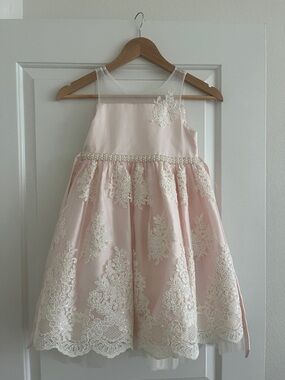 American Princess Blush Pink Tulle Lace Dress Sheer Sleeves Wedding Flower Girl